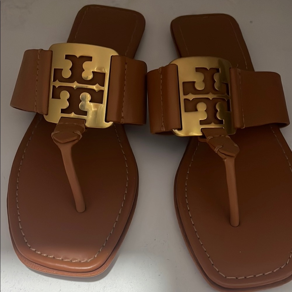Tory Burch Tan Sandals with Gold Emblem